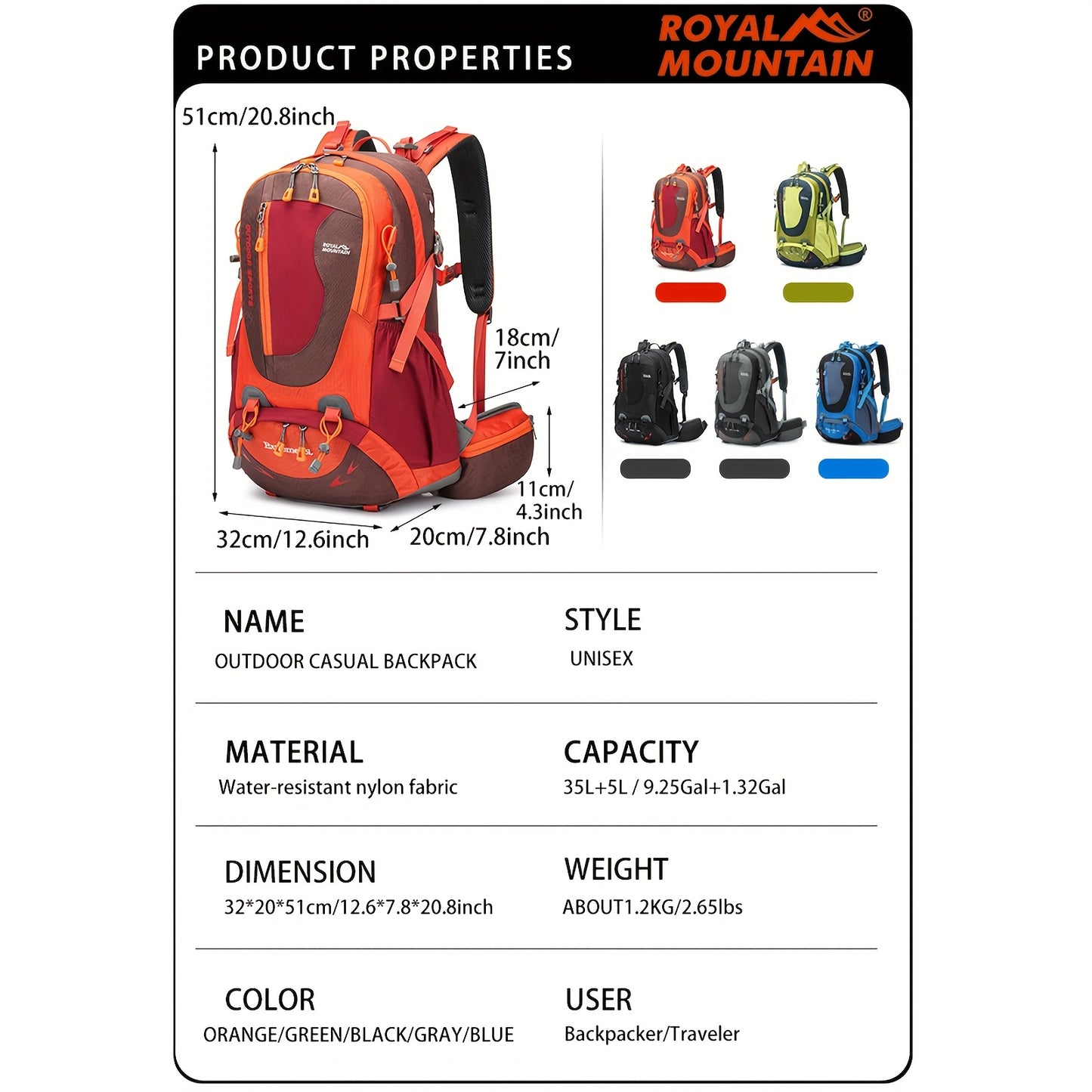 Large Capacity Hiking Backpack Lightweight Nylon Waterproof