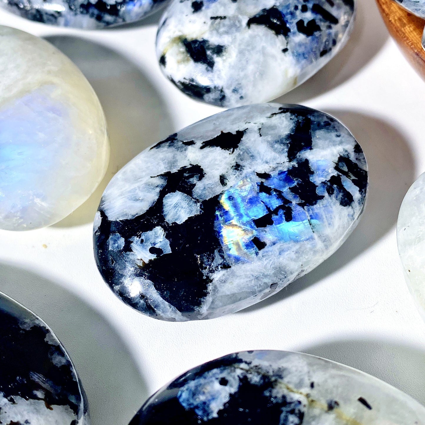 Natural Rainbow Moonstone Palm Stone for Jewelry and Decor