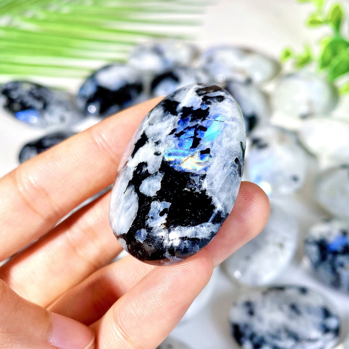 Natural Rainbow Moonstone Palm Stone for Jewelry and Decor