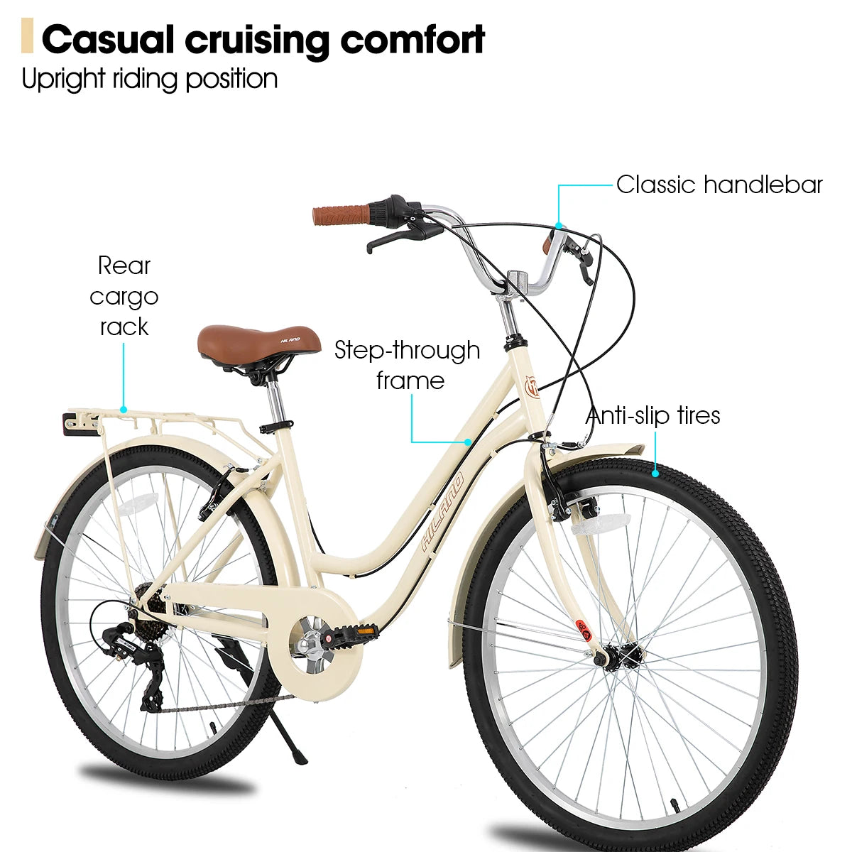 HILAND 26 Inch Beach Cruiser Bike for Men and Women 7 Speed Adult Bicycle with Rear Rack and Disc Brakes