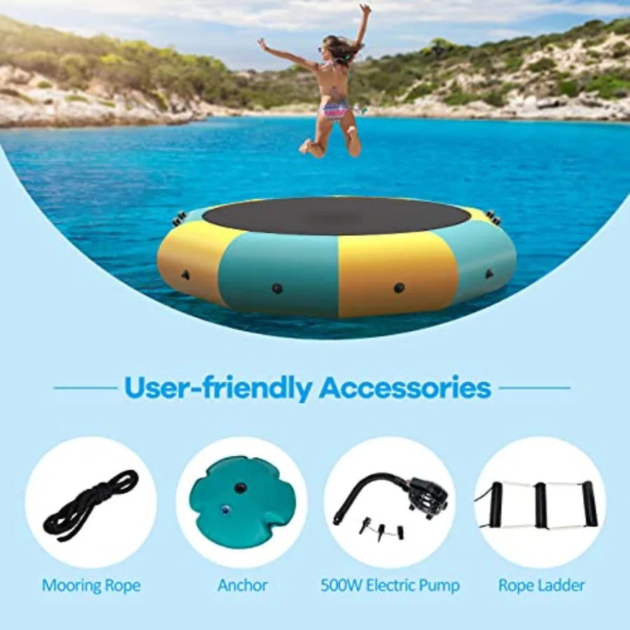 Inflatable Water Trampoline for Lake with Electric Pump and Rope Ladder Heavy Duty Blue Trampoline for Adults Floating Water Bo