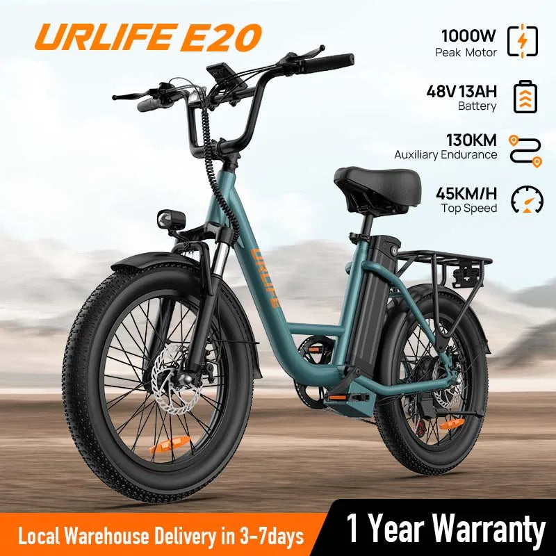 URLIFE 1000W E20 Fat Tire Electric Bike 7 Speed With 48V 13Ah Removable Battery
