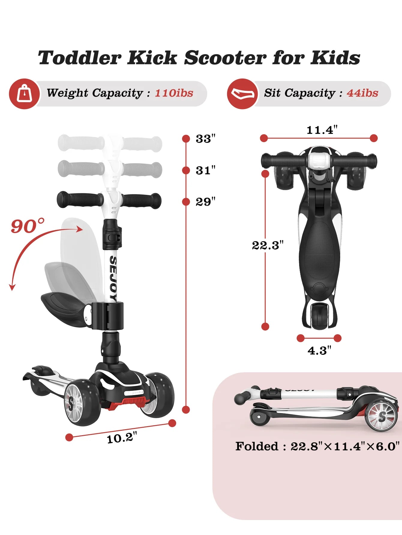 Sejoy Kid Kick Scooter Three Wheel LED Flashing Adjustable Lightweight 3-in-1