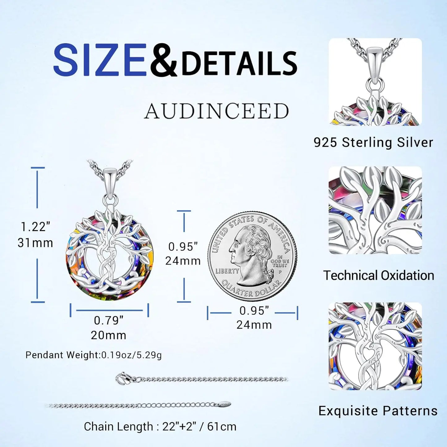 Tree of Life Necklace 925 Sterling Silver Crystal Pendant Jewelry Gift