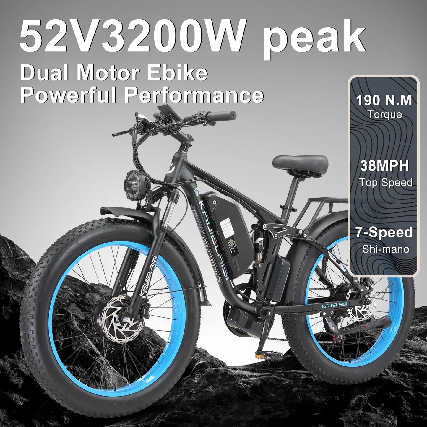 Electric Bike 3000W Dual Motor Fat Tire 52V Battery Brake