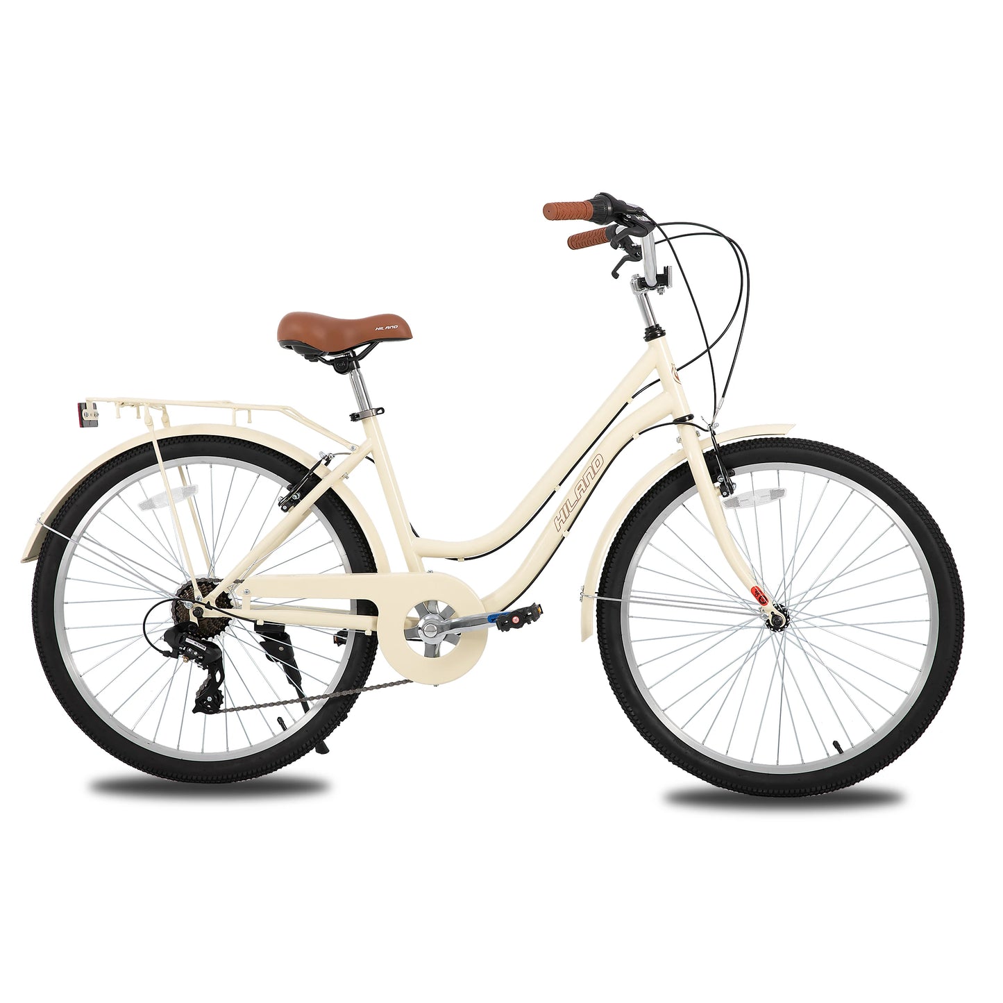 HILAND 26 Inch Beach Cruiser Bike for Men and Women 7 Speed Adult Bicycle with Rear Rack and Disc Brakes