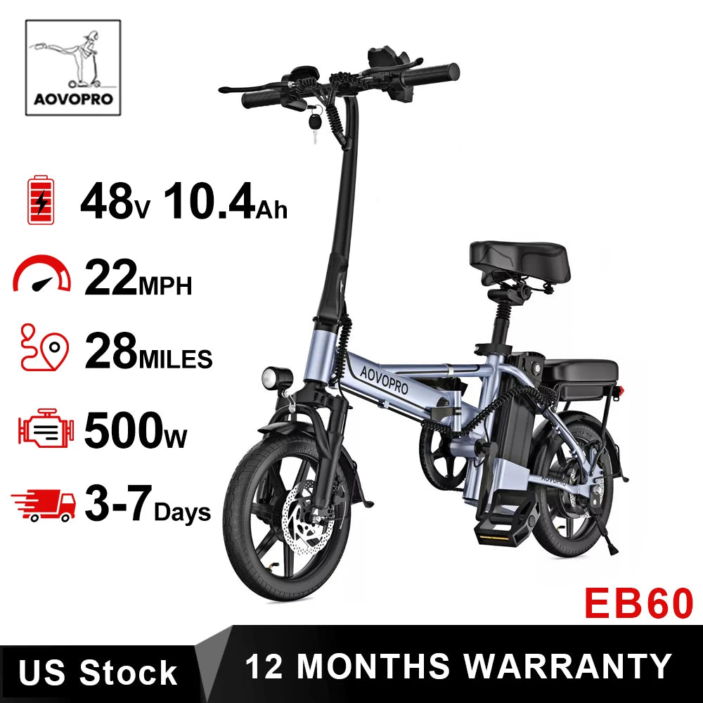 AOVOPRO 14 Inch EB60 Foldable Electric Bike Two Seats 500W 48V Battery