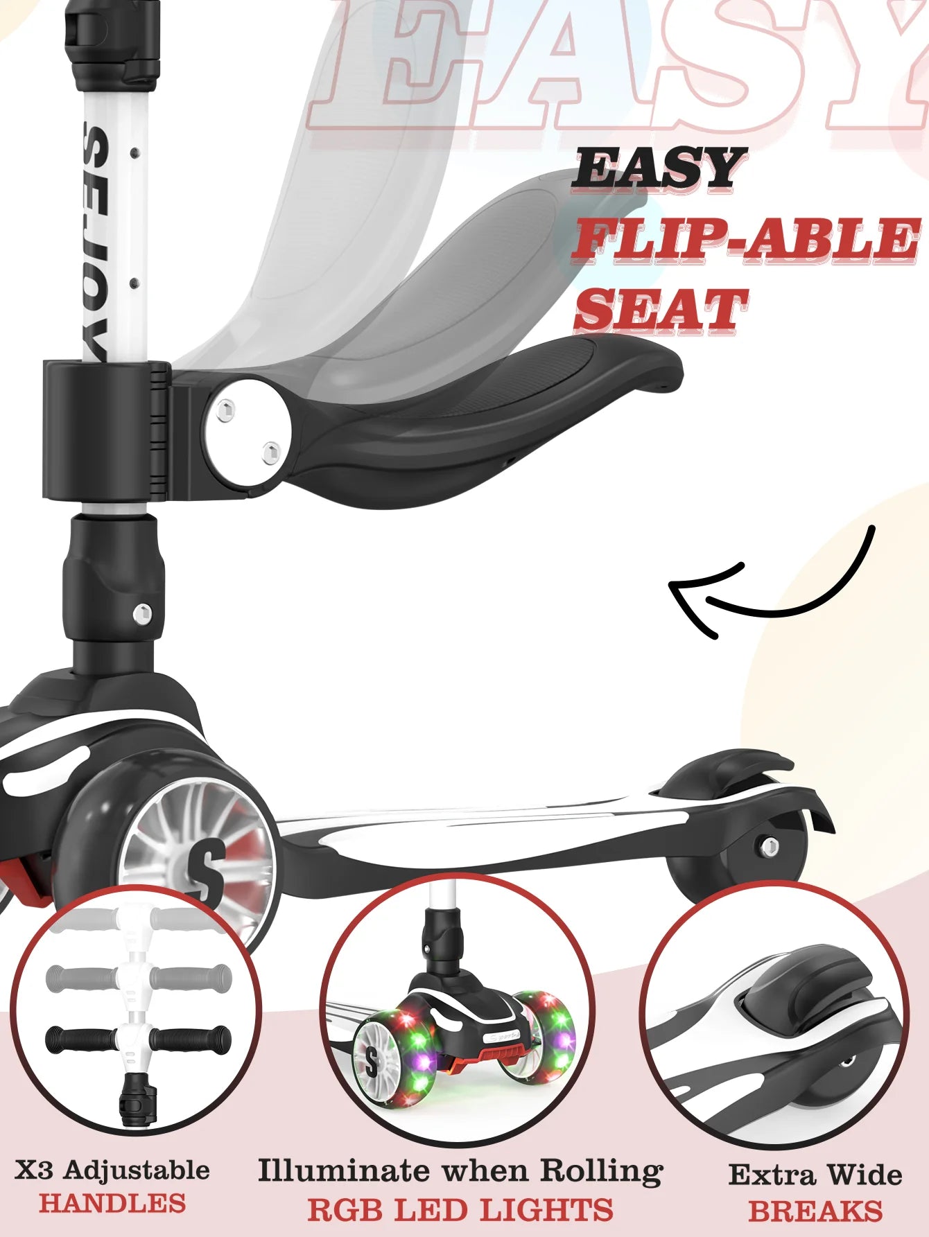 Sejoy Kid Kick Scooter Three Wheel LED Flashing Adjustable Lightweight 3-in-1