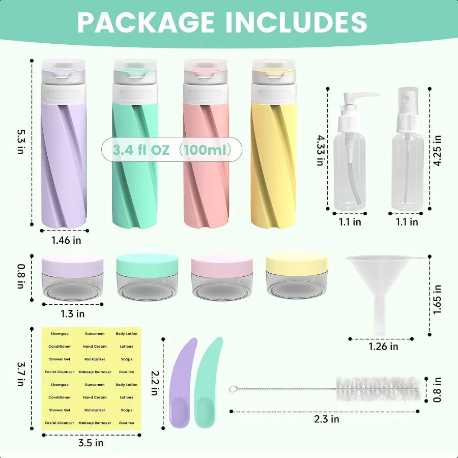 16 Pack Silicone Travel Bottles Set TSA Approved 3.4oz Leak Proof Toiletries Shampoo and Conditioner Essentials