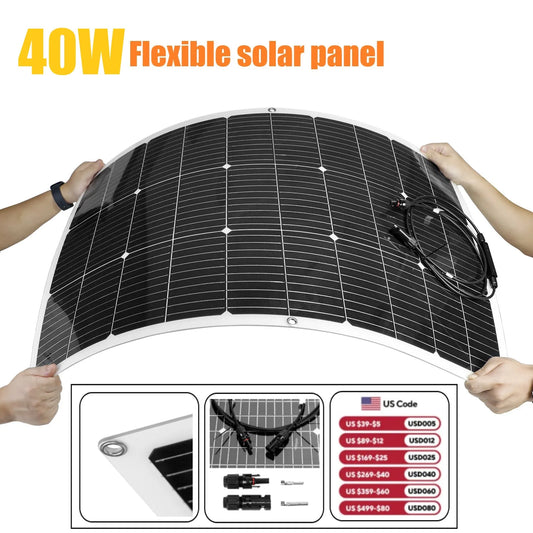 PowMr 40W Flexible Solar Panel Kit Portable Charger for Camping and Home Use