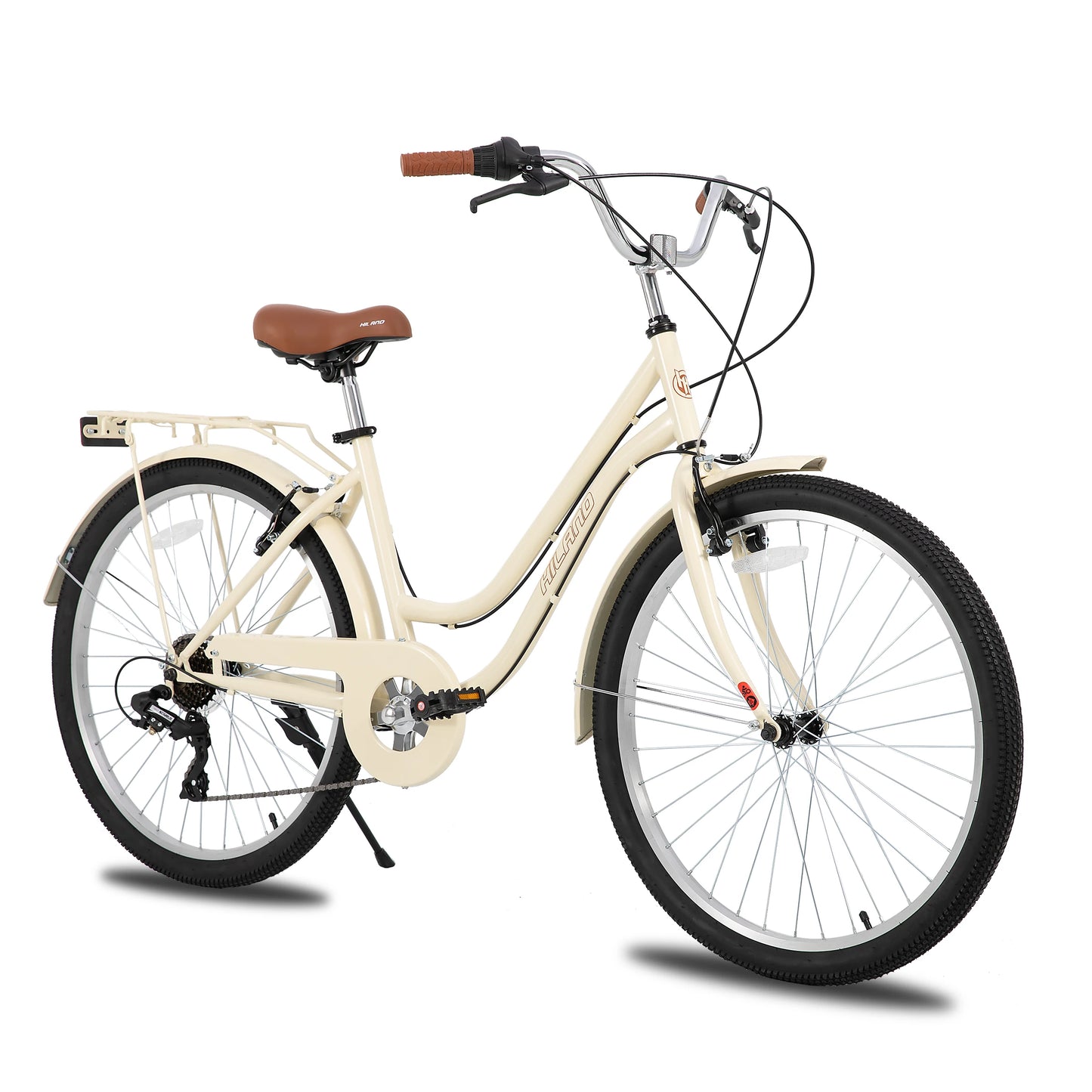 HILAND 26 Inch Beach Cruiser Bike for Men and Women 7 Speed Adult Bicycle with Rear Rack and Disc Brakes