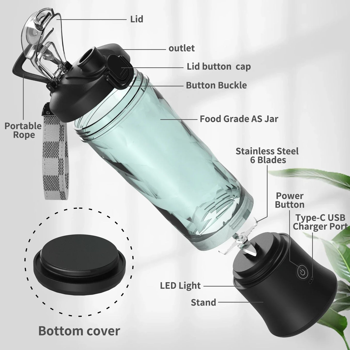 Portable Electric Blender 600ML USB Rechargeable Smoothie Maker and Juicer