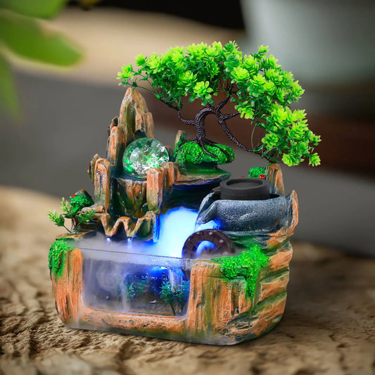 Bonsai Tree Rock Water Fountain with LED Light for Indoor Tabletop Decor