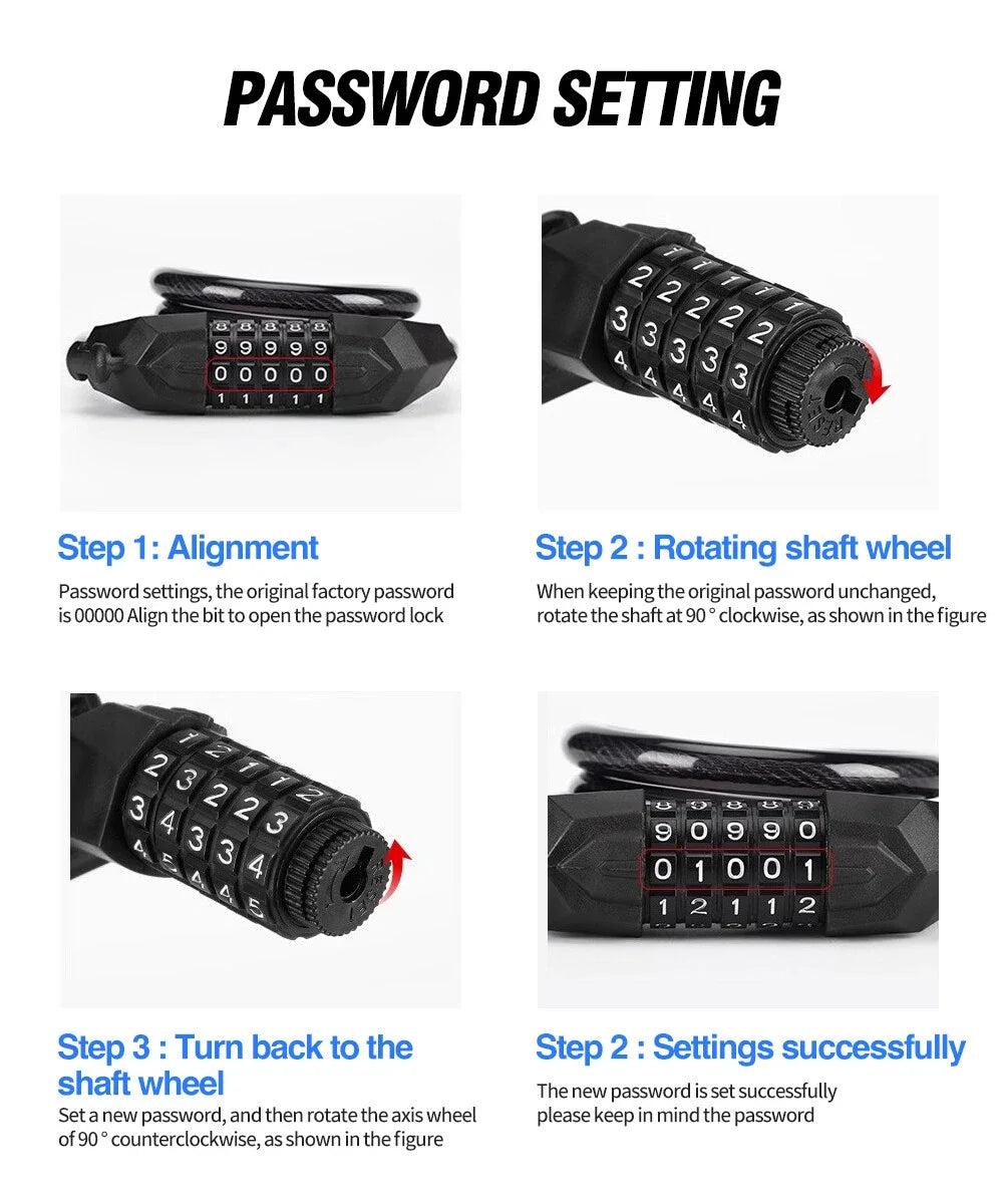 Bicycle Lock 5 Digit Code 110cm Steel Cable Anti Theft Security