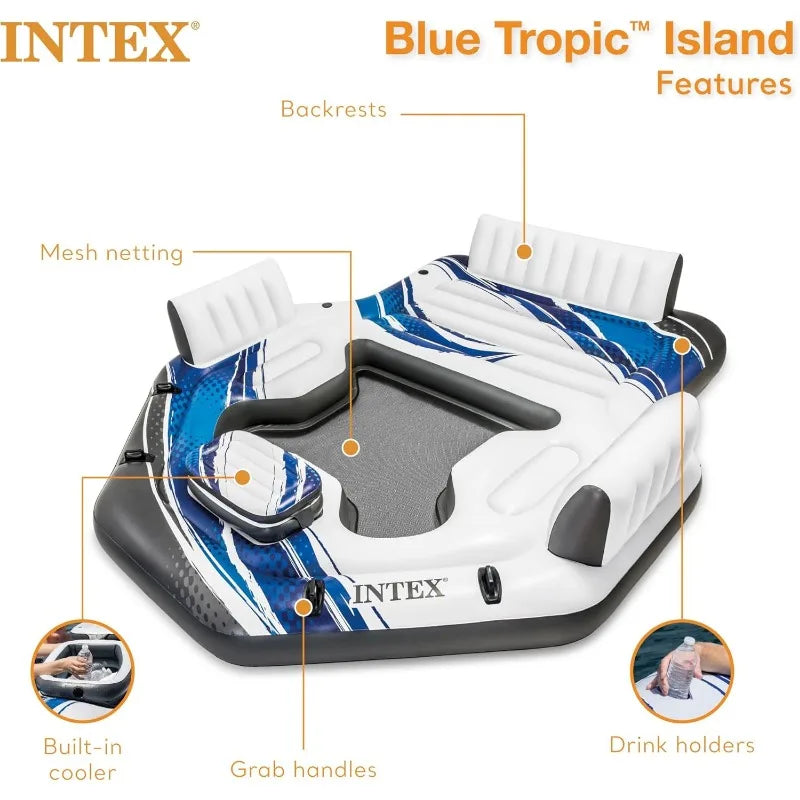 Intex Blue Tropic Inflatable 5 Person Raft with Backrests and Built in Cooler