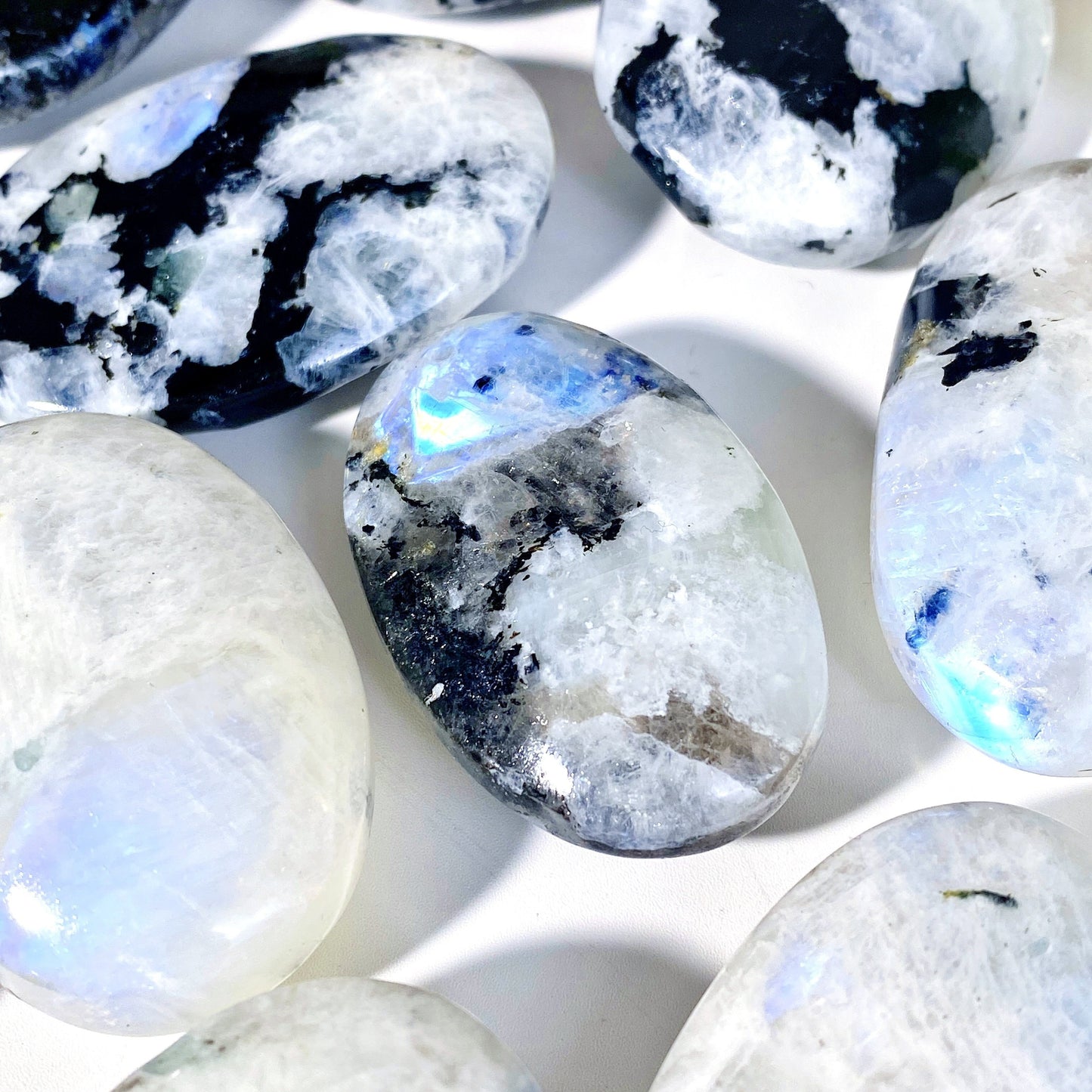 Natural Rainbow Moonstone Palm Stone for Jewelry and Decor