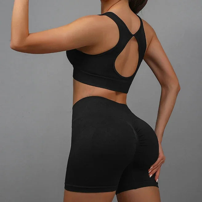 Women Yoga Set 2 Piece Hollow Back Sports Bra And Shorts