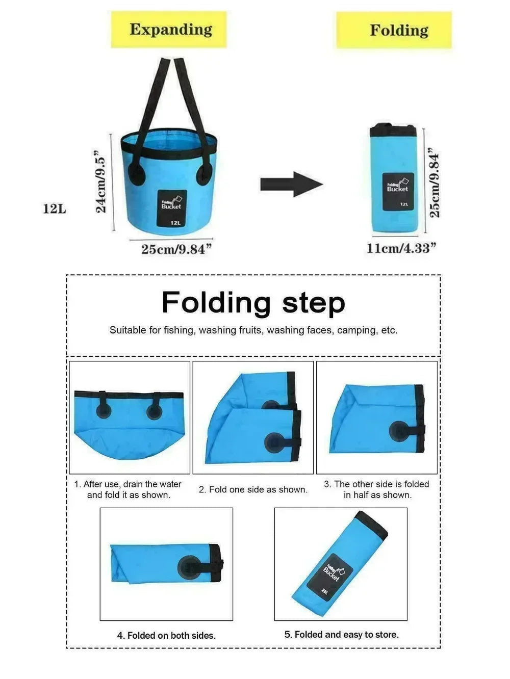 Portable Foldable Water Bucket 12L 20L For Camping Hiking Travel Fishing