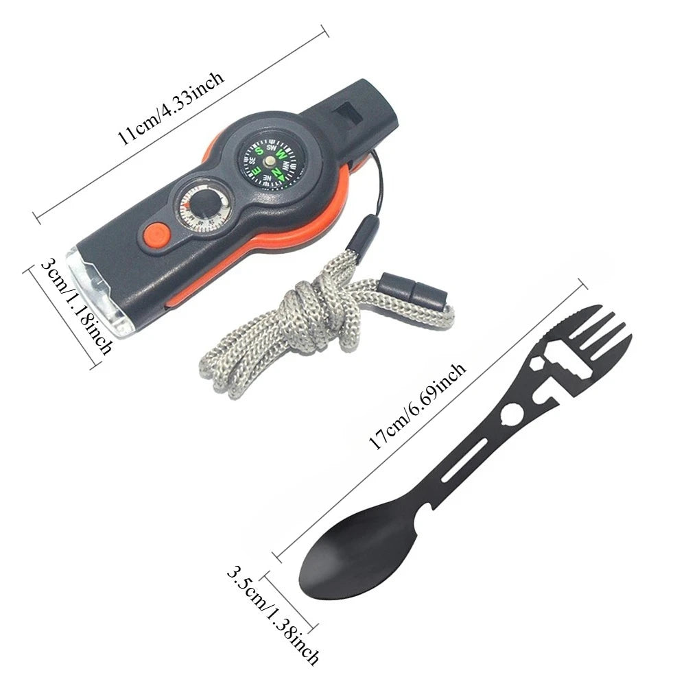 Seven in One Outdoor Survival Tool Whistle Compass Knife Bottle Opener Wrench