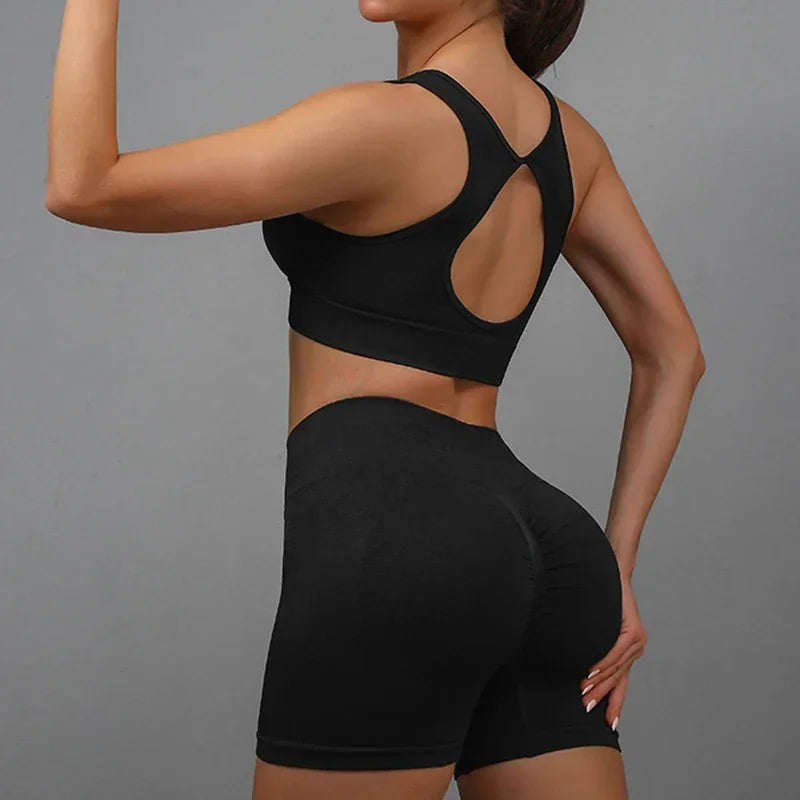 Women Yoga Set 2 Piece Hollow Back Sports Bra And Shorts