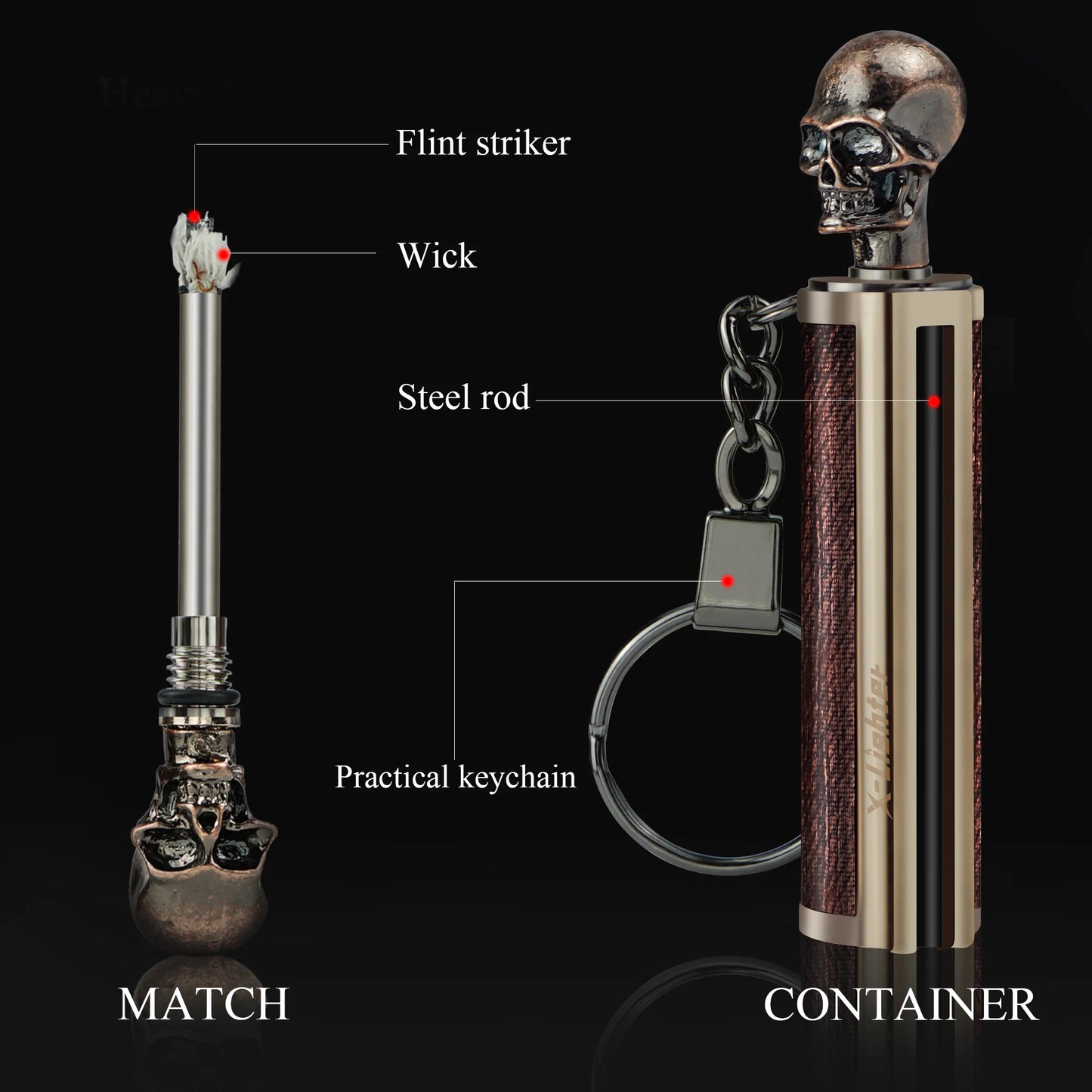 4PCS Set Metal Keychain Skull Matches Portable Waterproof Outdoor Emergency Survival Equipment Lighter Gadgets for Men Gifts