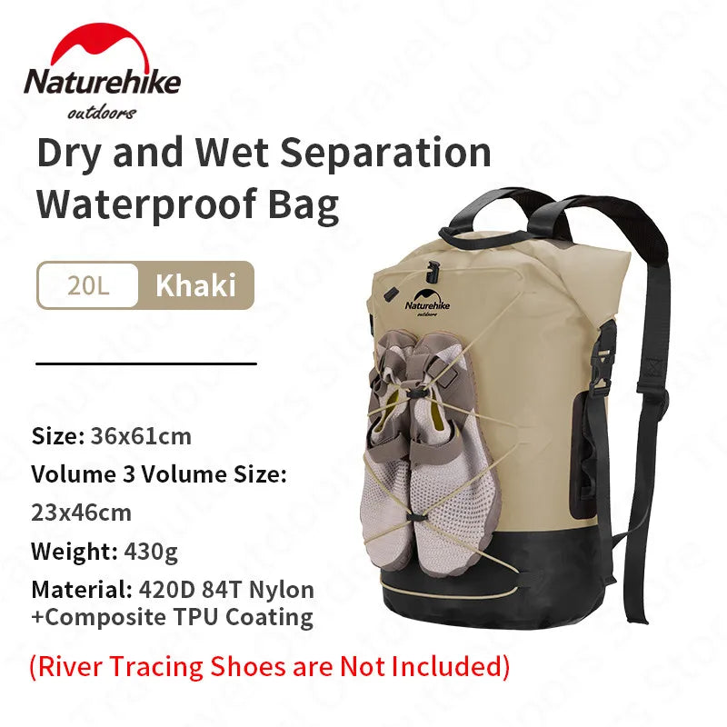 Naturehike Waterproof Backpack TPU Dry Wet Separation 20L/30L/40L High Capacity Wear Resistant Outdoor Water Sport Travel Bag