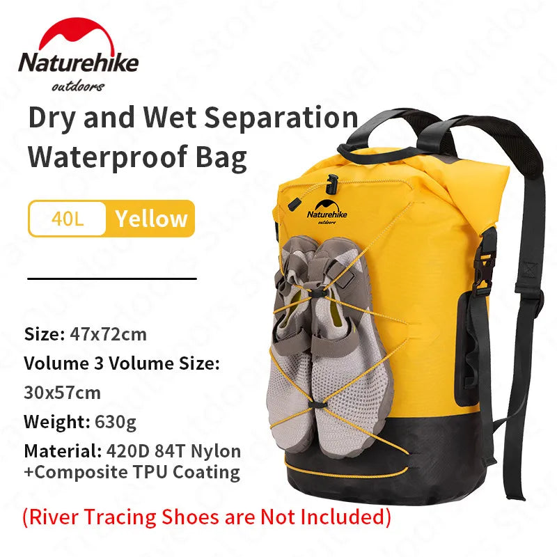 Naturehike Waterproof Backpack TPU Dry Wet Separation 20L/30L/40L High Capacity Wear Resistant Outdoor Water Sport Travel Bag