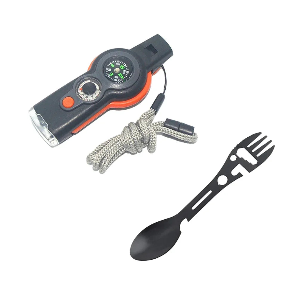 Seven in One Outdoor Survival Tool Whistle Compass Knife Bottle Opener Wrench
