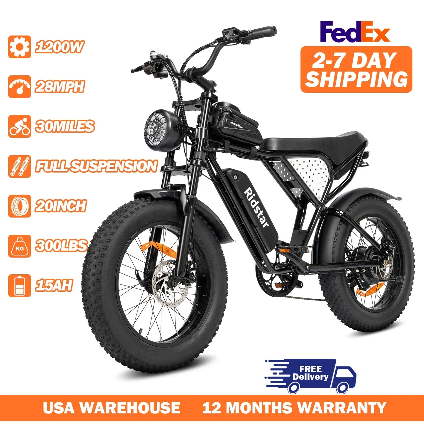 Ridstar Q20 Lite 1200W Fat Tire Electric Bike 48V 15Ah Mechanical Disc Brakes