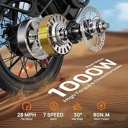 URLIFE 1000W E20 Fat Tire Electric Bike 7 Speed With 48V 13Ah Removable Battery