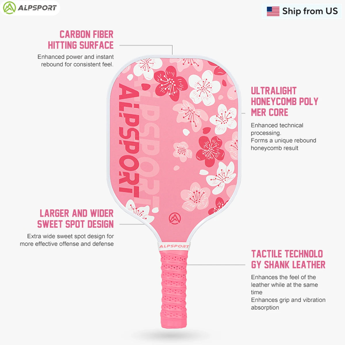 Alpsport Sakura USAPA Pickleball Paddle Women's T700 With 2 Free Balls Carbon Fiber Beginner Friendly Pro Training Set Pink