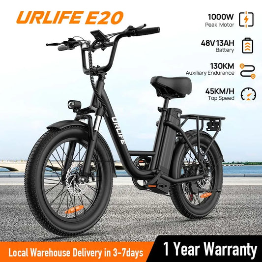 URLIFE 1000W E20 Fat Tire Electric Bike 7 Speed With 48V 13Ah Removable Battery
