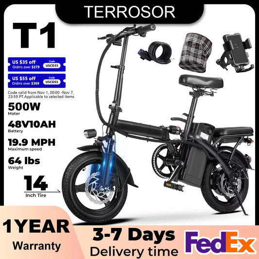Foldable Electric Bicycle 500W Dual Disc Brake Seat And Basket 22 Mile Range