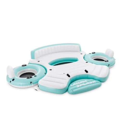 Outdoor Floating Water Raft with 2 Detachable Solo Lounge Tubes Connectors Built-in Cupholders and Grab Handles Blue for Pool o