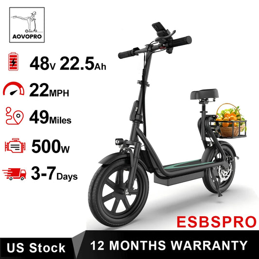 AOVOPRO ESBS Foldable 14 Inch Electric Bike 28 Mile Range 500W Motor