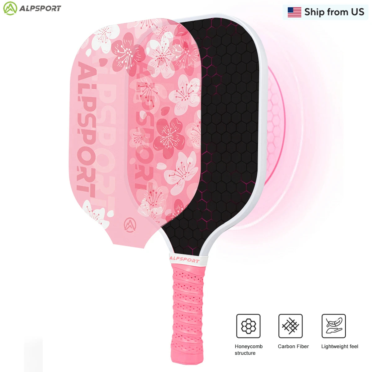 Alpsport Sakura USAPA Pickleball Paddle Women's T700 With 2 Free Balls Carbon Fiber Beginner Friendly Pro Training Set Pink