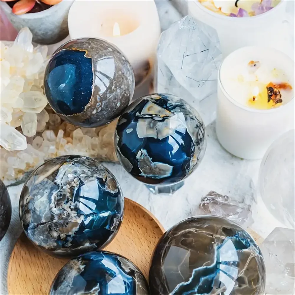 Natural Volcanic Agate Moon Crystal Ball UV Fluorescence Bohemian Gemstone