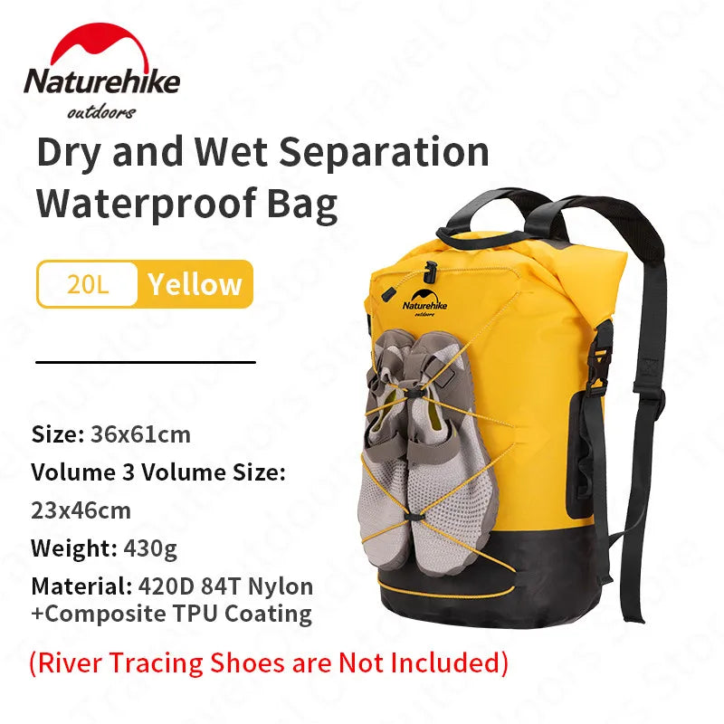 Naturehike Waterproof Backpack TPU Dry Wet Separation 20L/30L/40L High Capacity Wear Resistant Outdoor Water Sport Travel Bag