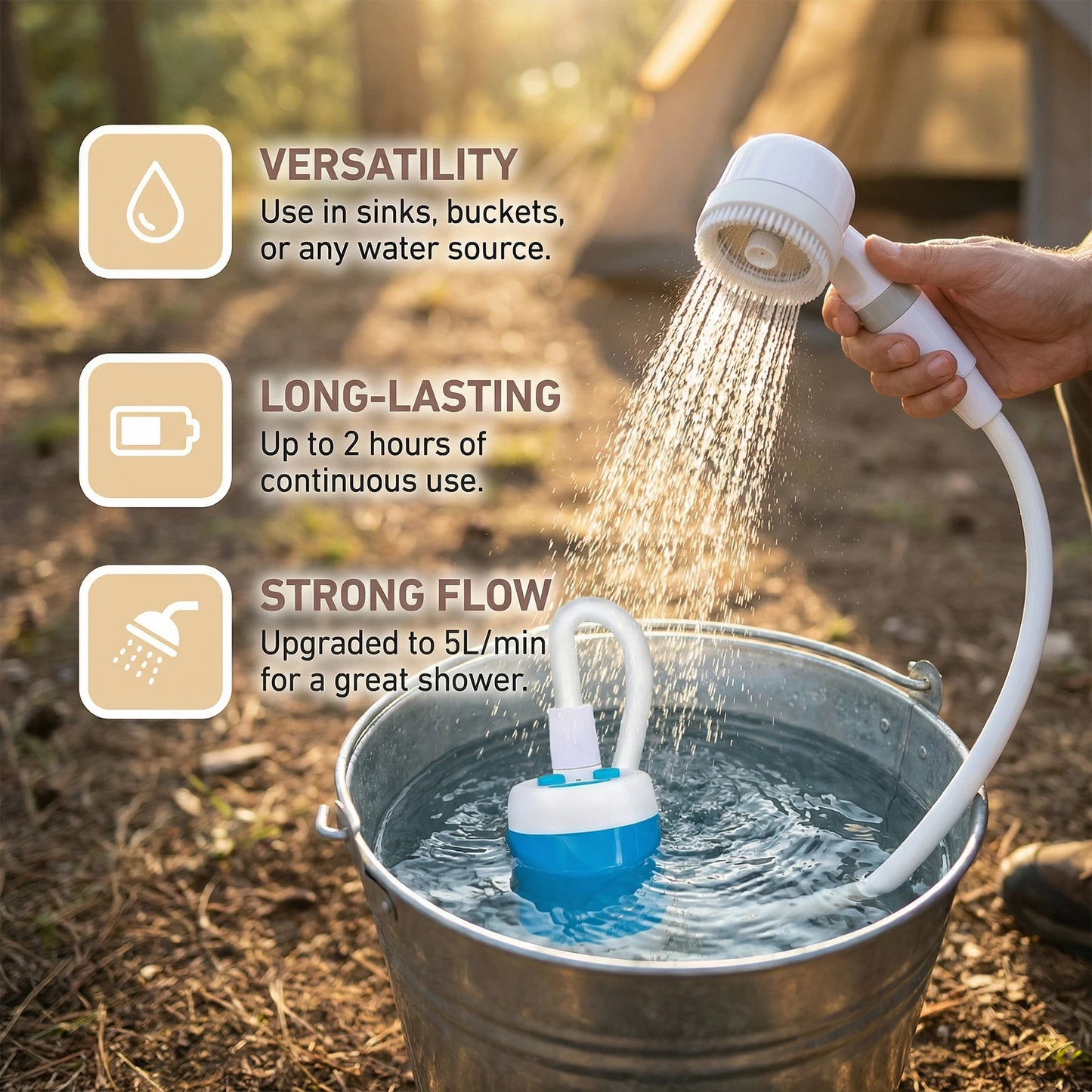 Portable Camping Shower Pump With 4000mAh Rechargeable Battery Outdoor Sprayer