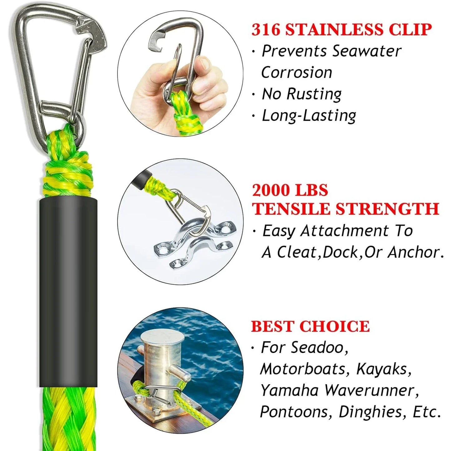 Bungee Dock Line Mooring Rope For Kayaks Jet Skis Boats And Watercraft