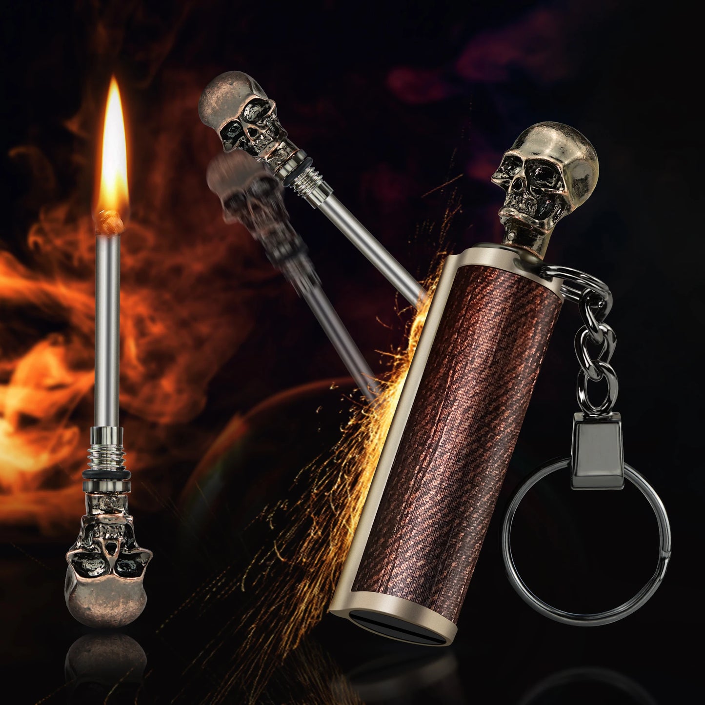 4PCS Set Metal Keychain Skull Matches Portable Waterproof Outdoor Emergency Survival Equipment Lighter Gadgets for Men Gifts
