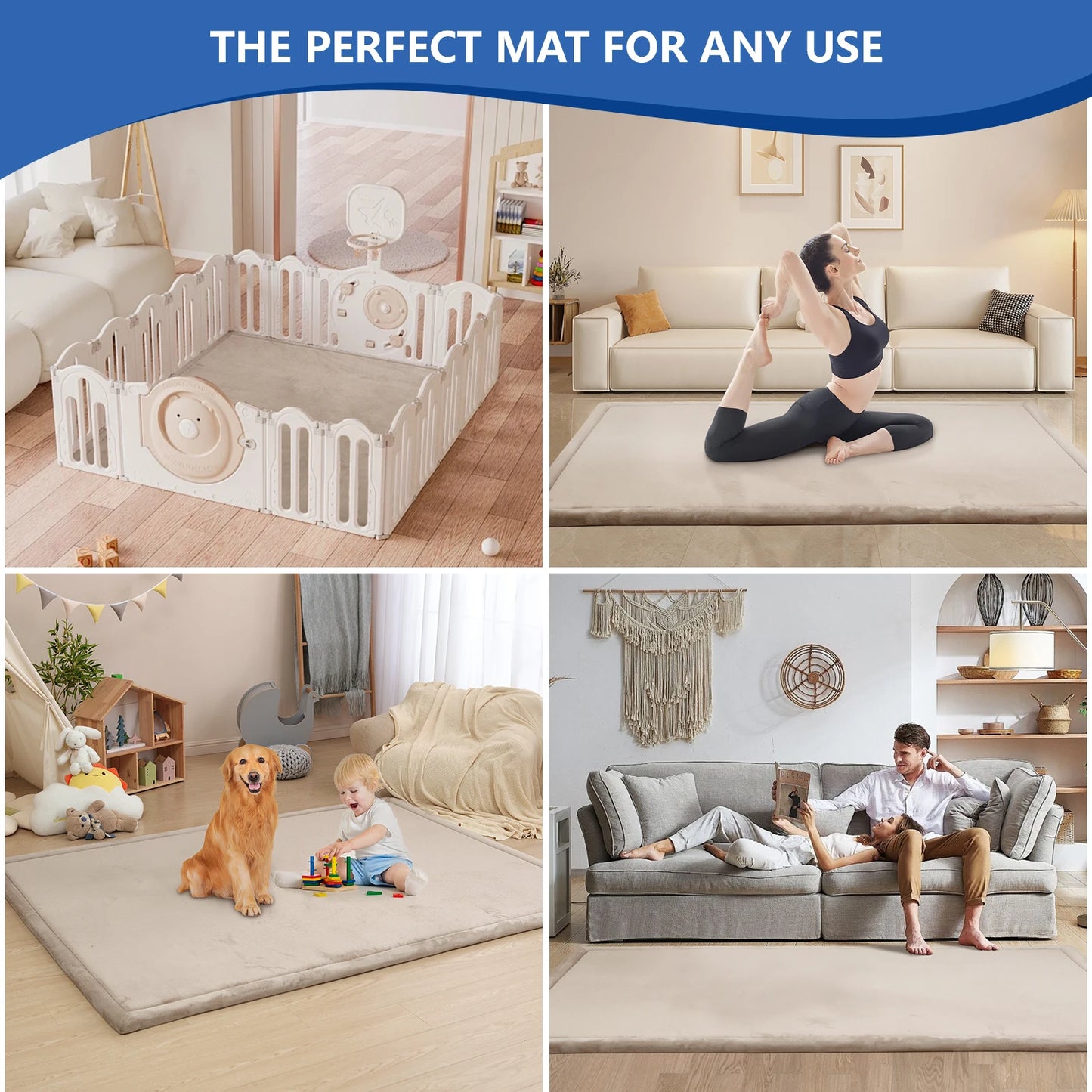 Cream Solid Living Room Carpet Non Slip Rug Bedroom Decor Minimalist Tatami Mat