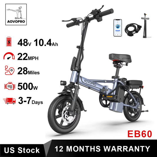 AOVOPRO 14 Inch EB60 Foldable Electric Bike Two Seats 500W 48V Battery