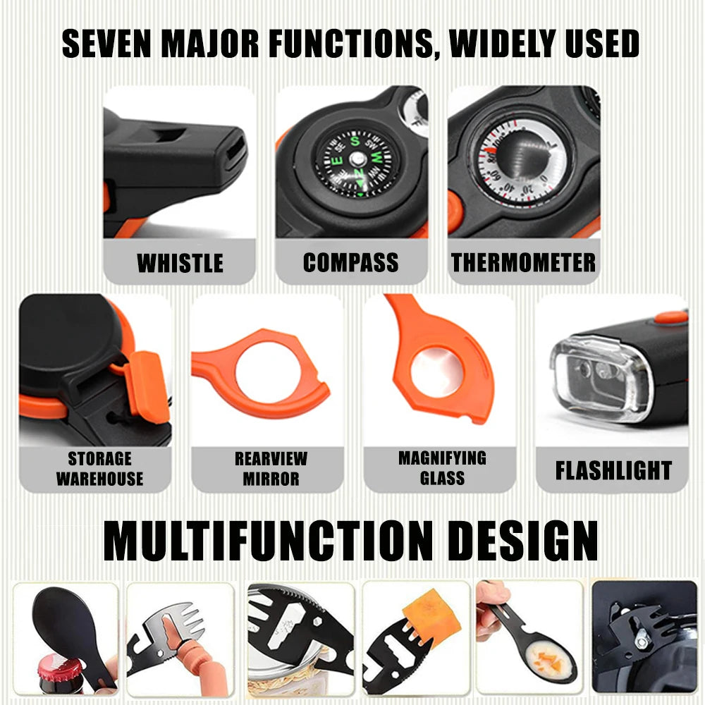Seven in One Outdoor Survival Tool Whistle Compass Knife Bottle Opener Wrench