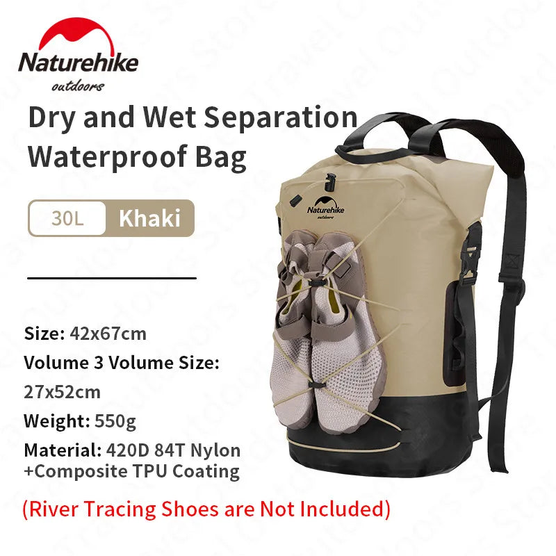 Naturehike Waterproof Backpack TPU Dry Wet Separation 20L/30L/40L High Capacity Wear Resistant Outdoor Water Sport Travel Bag