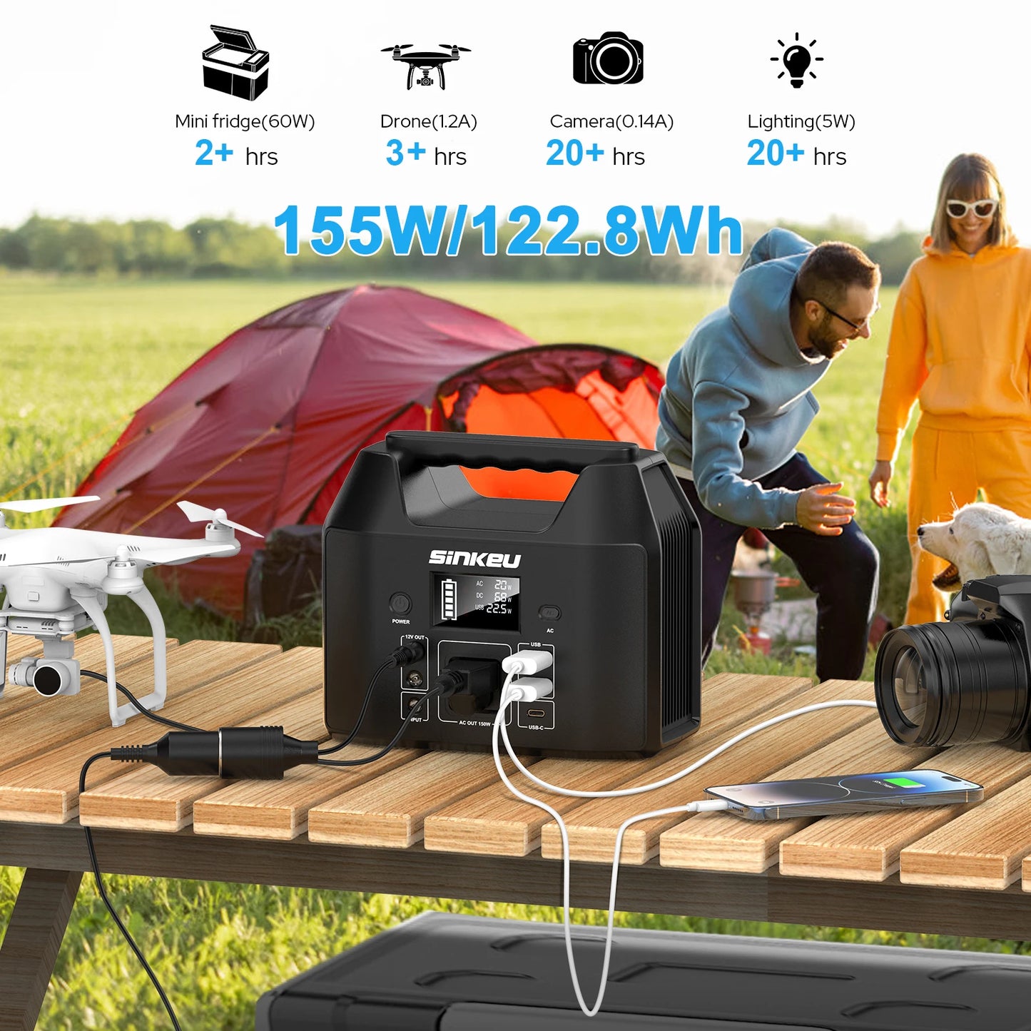 150W Portable Power Station 122.8Wh LiFePO4 Battery Solar Generator Power Bank with AC 110V and LED Flashlight for Camping Home RV