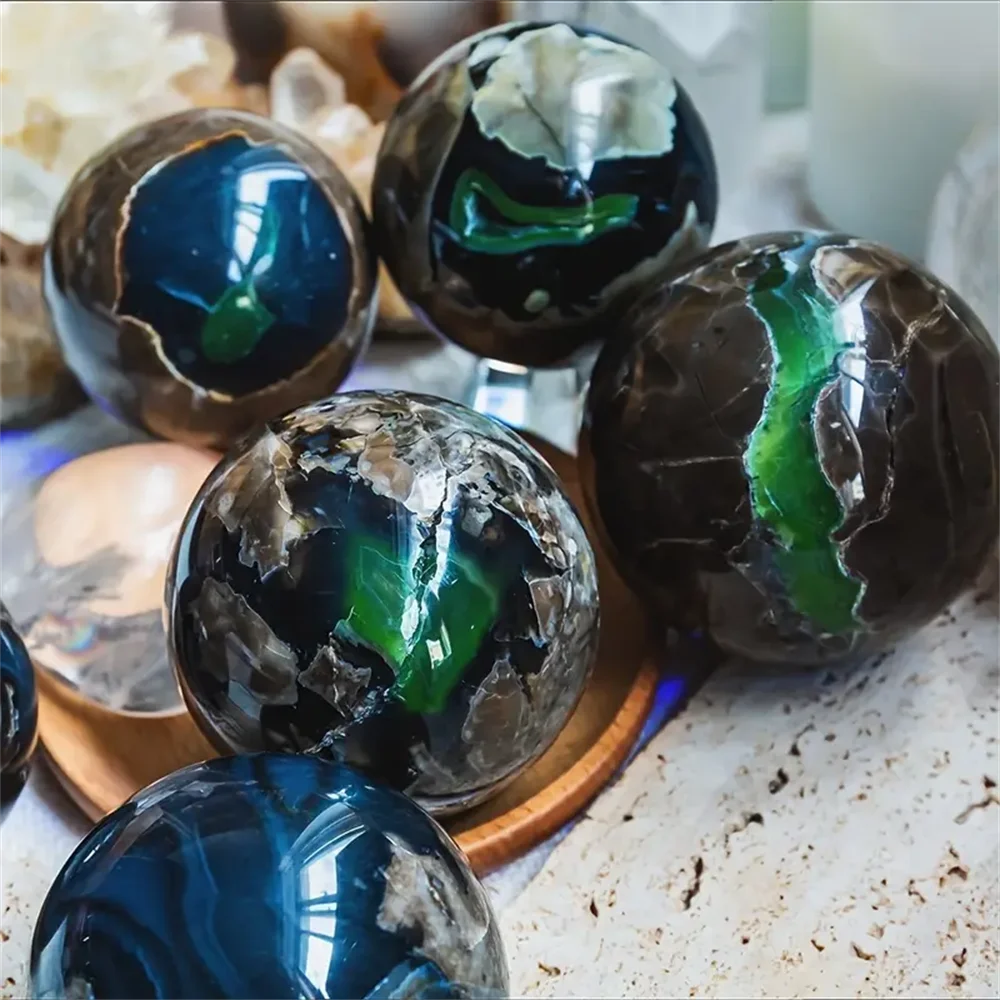 Natural Volcanic Agate Moon Crystal Ball UV Fluorescence Bohemian Gemstone