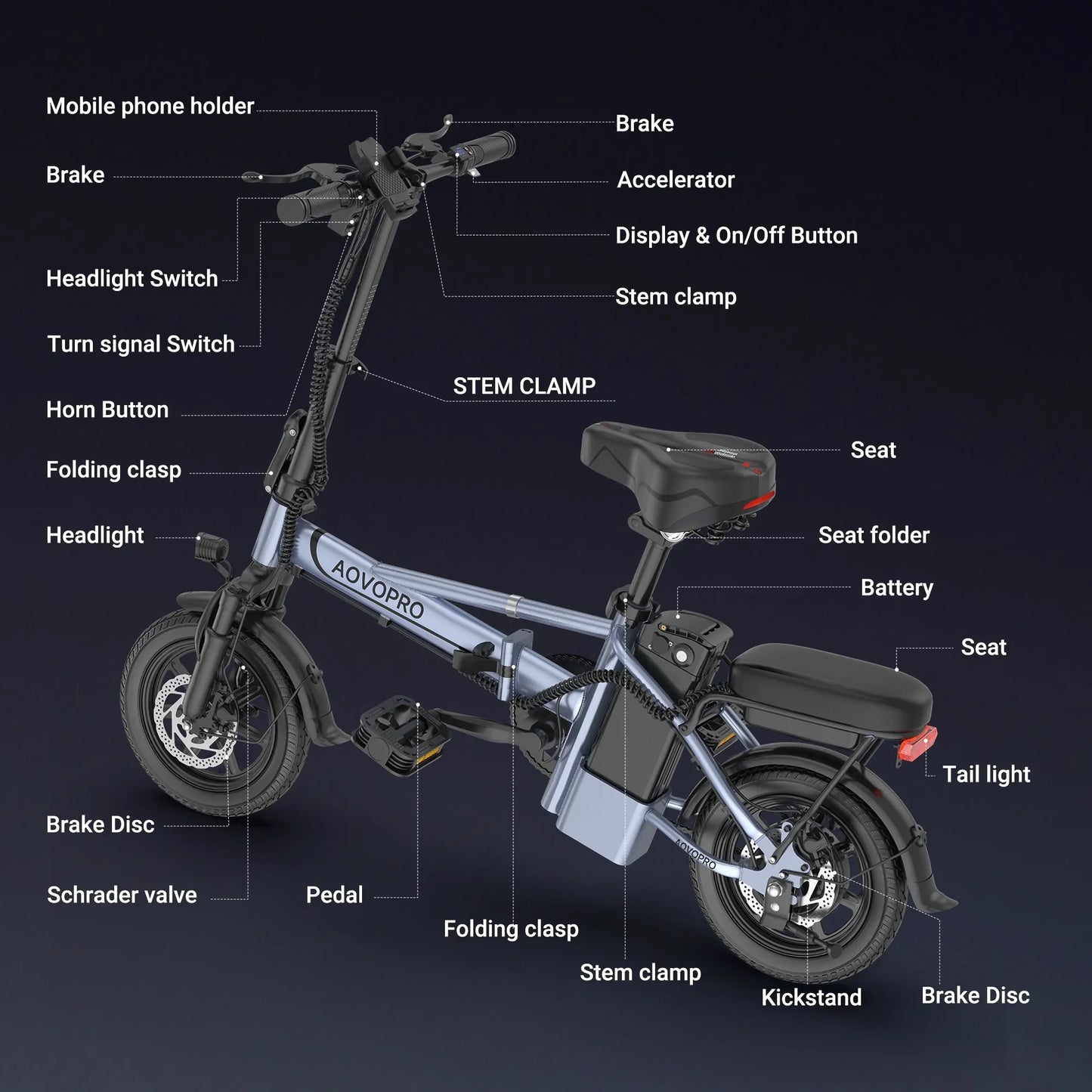 AOVOPRO 14 Inch EB60 Foldable Electric Bike Two Seats 500W 48V Battery