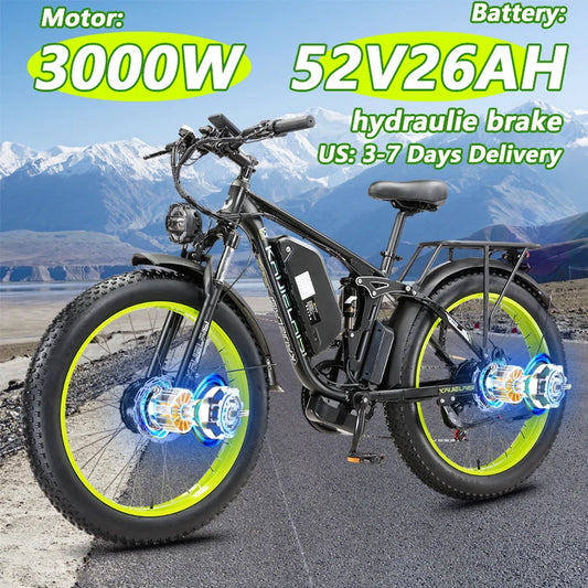 Electric Bike 3000W Dual Motor Fat Tire 52V Battery Brake