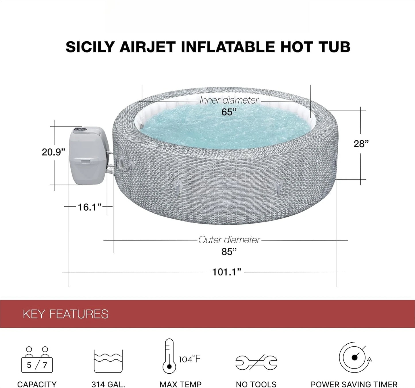 SaluSpa Sicily 7 Person Inflatable Hot Tub with 180 AirJets and Cover Gray